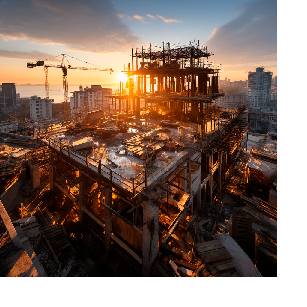 Foto de uma obra em construção e o por do sol no fundo